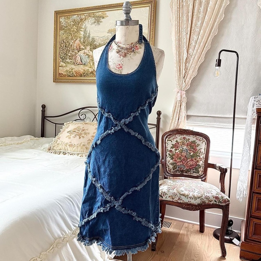 90s Carolina Blues size 12 dark wash denim halter dress